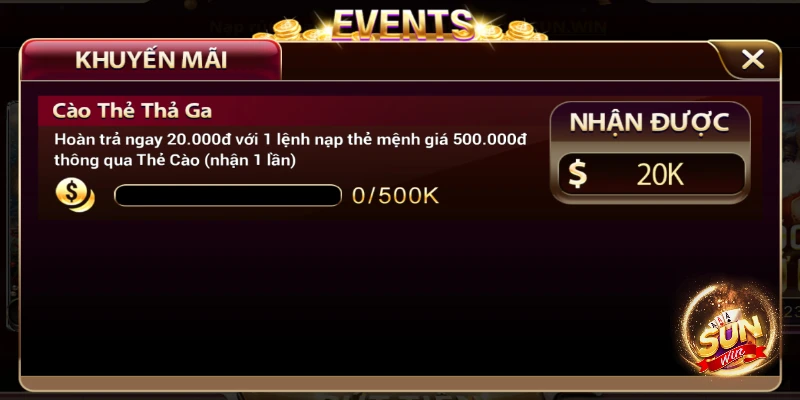 Khuyến mãi Sunwin - Chương trình ưu đãi mới nhất năm 2025 1 Tặng thưởng giá trị 20k khi nạp thẻ cào 500k